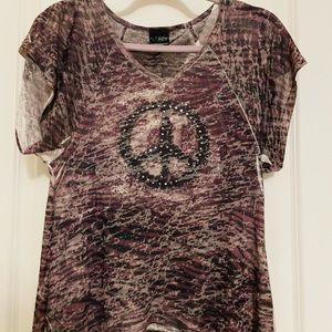 Faded Zebra Striped Bejeweled Peace Sign Tee